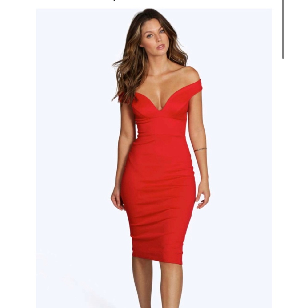 New red off the shoulder midi dress